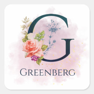 Fancy Floral Monogram Letter G Watercolor Splash Square Sticker
