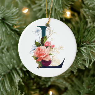 Fancy Floral Monogram Letter L Ceramic Ornament