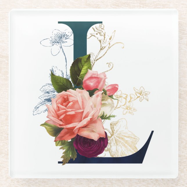 Fancy Floral Monogram Letter L Glass Coaster (Front)