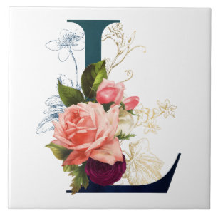 Fancy Floral Monogram Letter L Glass Coaster