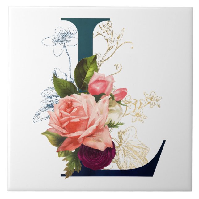 Fancy Floral Monogram Letter L Glass Coaster (Front)