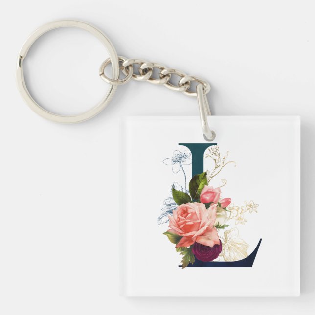 Fancy Floral Monogram Letter L     Keychain (Front)
