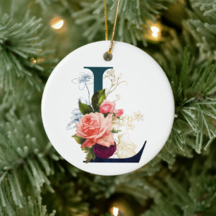 Fancy Floral Monogram Letter L Personalized Ceramic Ornament