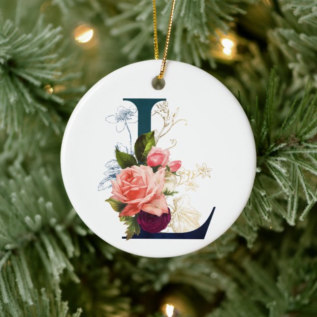 Fancy Floral Monogram Letter L Personalized Ceramic Ornament (Tree)