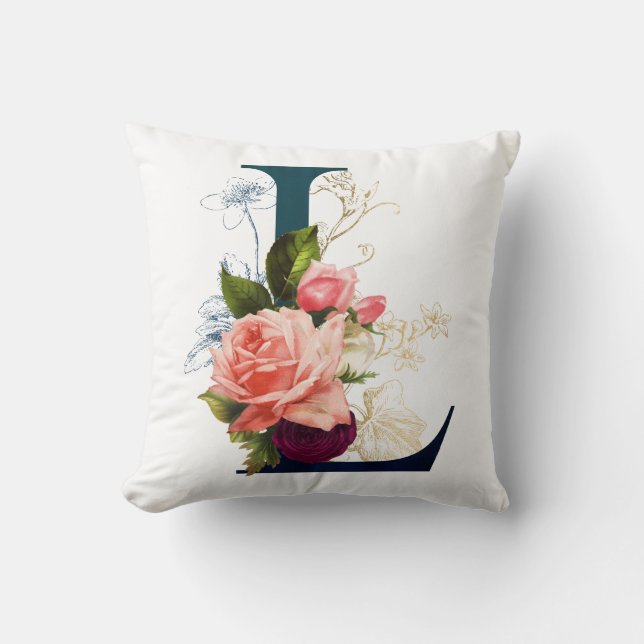 Fancy Floral Monogram Letter L Throw Pillow (Front)