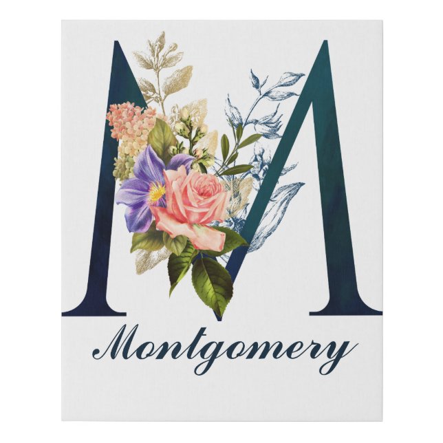 Fancy Floral Monogram Letter M Faux Canvas Print (Front)