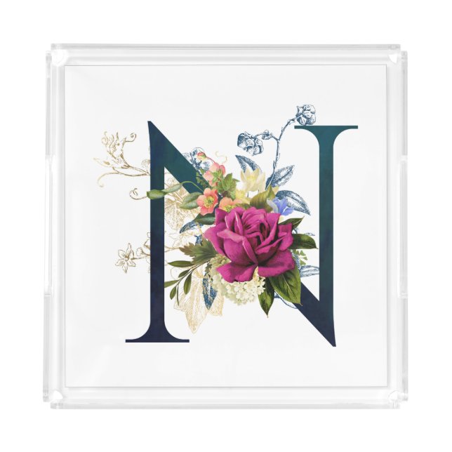 Fancy Floral Monogram Letter N Acrylic Tray (Front)