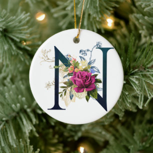 Fancy Floral Monogram Letter N Ceramic Ornament
