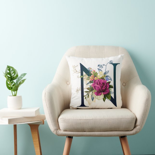 Fancy Floral Monogram Letter N Throw Pillow (Chair)