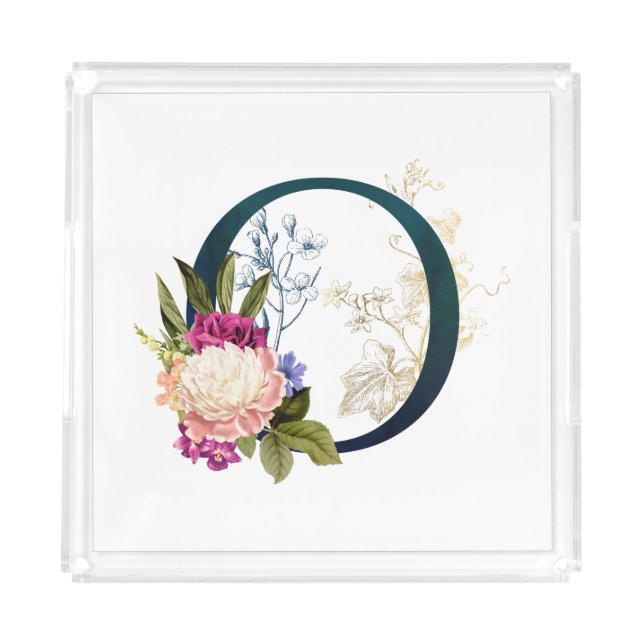 Fancy Floral Monogram Letter O Acrylic Tray (Front)