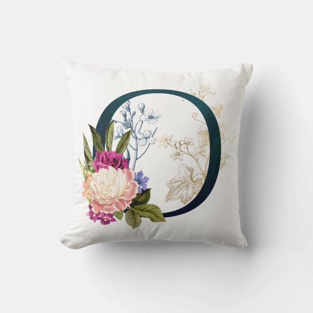 Fancy Floral Monogram Letter O Throw Pillow (Front)