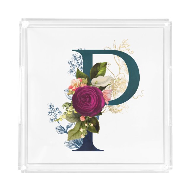 Fancy Floral Monogram Letter P Acrylic Tray (Front)