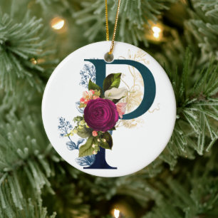 Fancy Floral Monogram Letter P Personalized Ceramic Ornament
