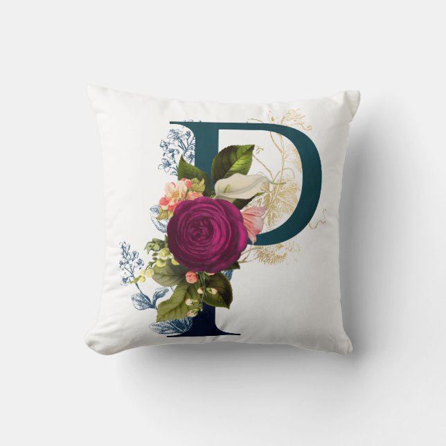 Fancy Floral Monogram Letter P Throw Pillow (Front)