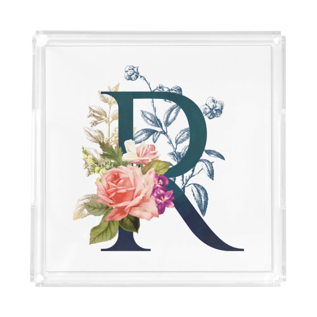 Fancy Floral Monogram Letter R Acrylic Tray (Front)
