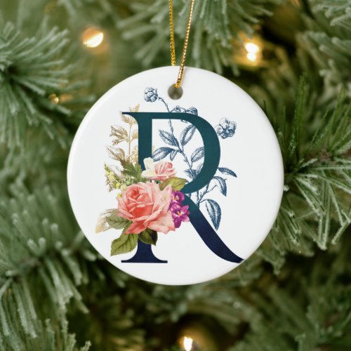 Fancy Floral Monogram Letter R Ceramic Ornament