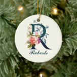 Fancy Floral Monogram Letter R Ceramic Ornament<br><div class="desc">Beautiful and fancy florals include gold leaves,  purple rose and blue wildflowers embellishments on large letter / initial R.  Cream background. Personalize with name.</div>