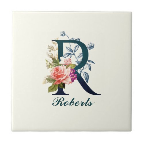 Fancy Floral Monogram Letter R Ceramic Tile