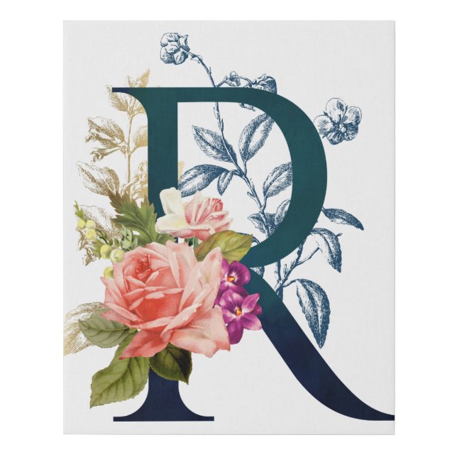 Fancy Floral Monogram Letter R Faux Canvas Print (Front)