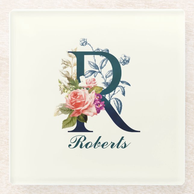 Fancy Floral Monogram Letter R Glass Coaster (Front)