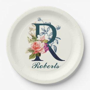 Fancy Floral Monogram Letter R Paper Plates