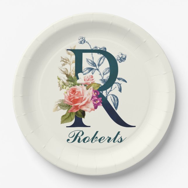 Fancy Floral Monogram Letter R Paper Plates (Front)