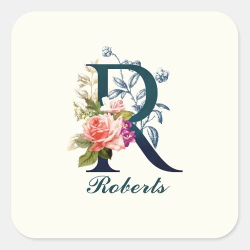 Fancy Floral Monogram Letter R Square Sticker