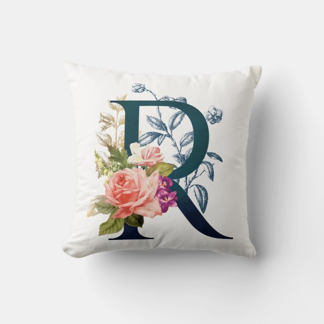 Fancy Floral Monogram Letter R Throw Pillow (Front)