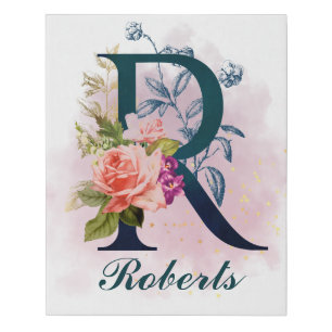 Fancy Floral Monogram Letter R Watercolor Splash Faux Canvas Print
