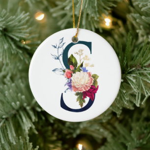 Fancy Floral Monogram Letter S Ceramic Ornament