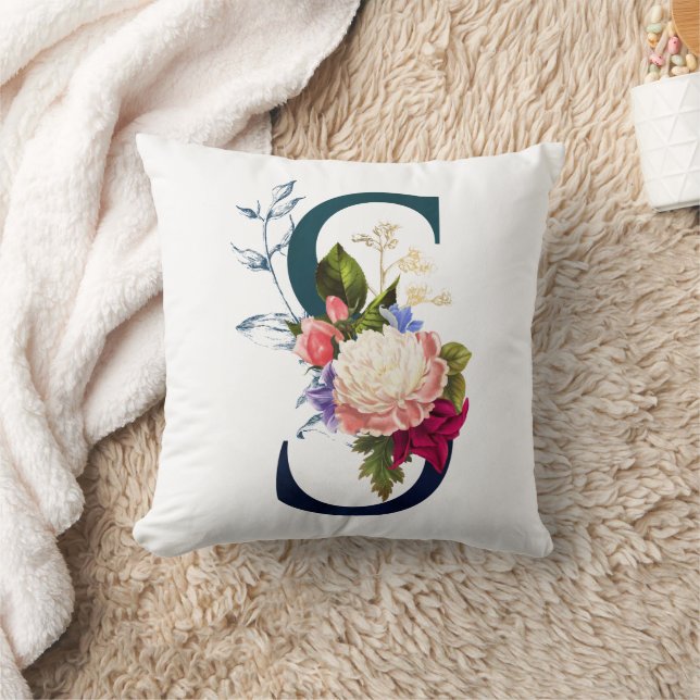 Fancy Floral Monogram Letter S Throw Pillow (Blanket)