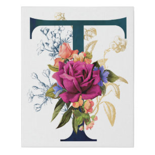 Fancy Floral Monogram Letter T Faux Canvas Print