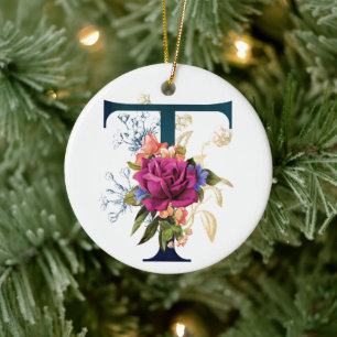 Fancy Floral Monogram Letter T Personalized Ceramic Ornament