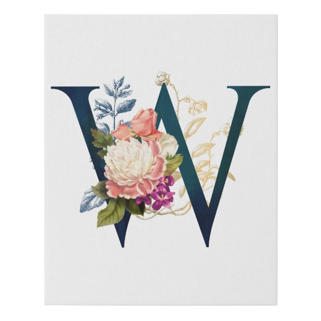Fancy Floral Monogram Letter W Faux Canvas Print (Front)