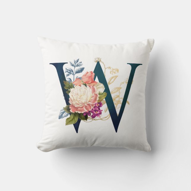 Fancy Floral Monogram Letter W Throw Pillow (Front)