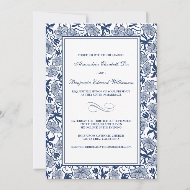 Fancy Floral Navy Blue Wedding Invitation (Front)
