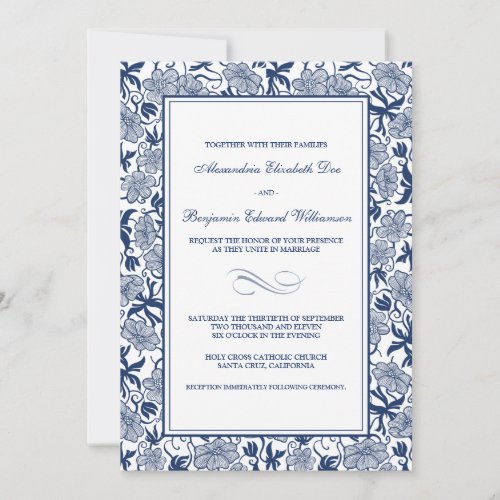 Fancy Floral Navy Blue Wedding Invitation
