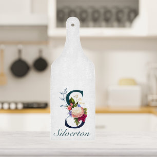 Fancy Floral Navy Monogram Letter S Cutting Board