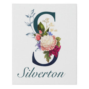 Fancy Floral Navy Monogram Letter S Faux Canvas Print