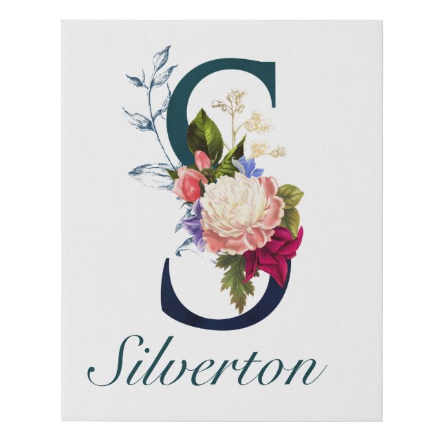 Fancy Floral Navy Monogram Letter S Faux Canvas Print (Front)