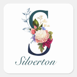 Fancy Floral Navy Monogram Letter S Square Sticker