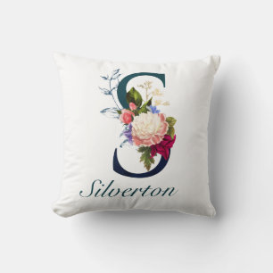 Fancy Floral Navy Monogram Letter S Throw Pillow