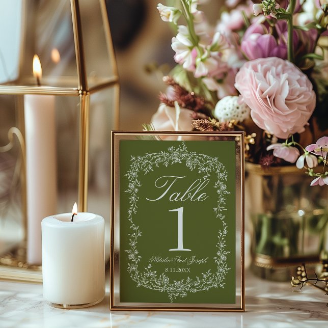 Fancy Floral Olive Green Wedding Table Number (Creator Uploaded)