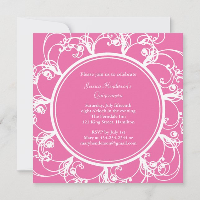 Fancy Floral Quinceanera Invite (fuchsia) (Front)
