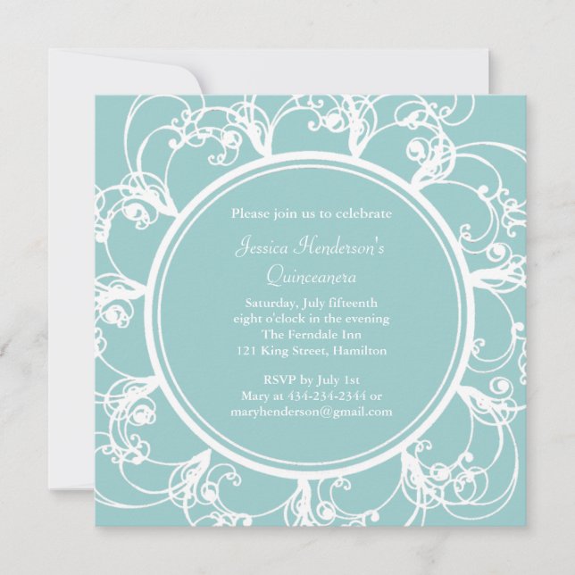 Fancy Floral Quinceanera Invite (turquoise) (Front)