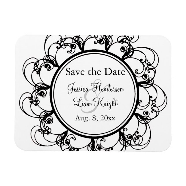 Fancy Floral Save the Date Magnet (black/white) (Horizontal)
