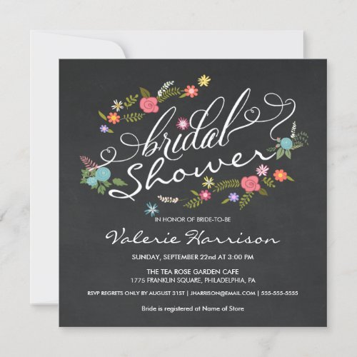 Fancy Floral Wreath Chalkboard Bridal Shower Announcements