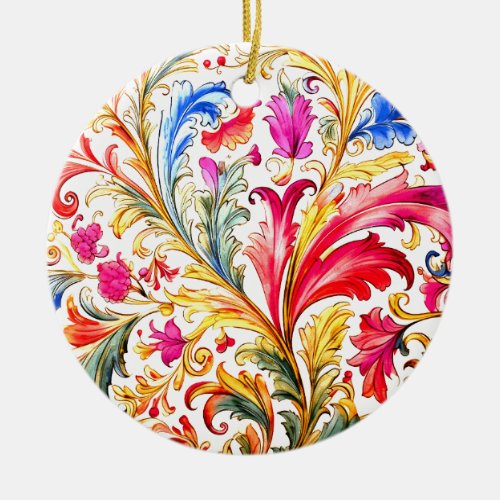 Fancy Florentine Design Watercolor Leaves Ceramic Ornament
