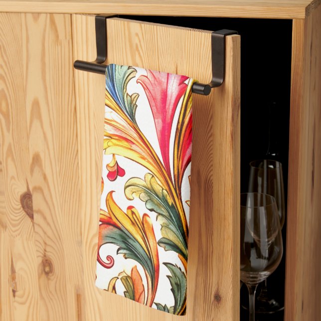 Fancy Florentine Design Watercolor Leaves Kitchen Towel (Thirds Fold)