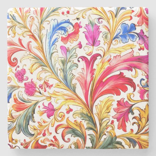 Fancy Florentine Design Watercolor Leaves Stone Coaster